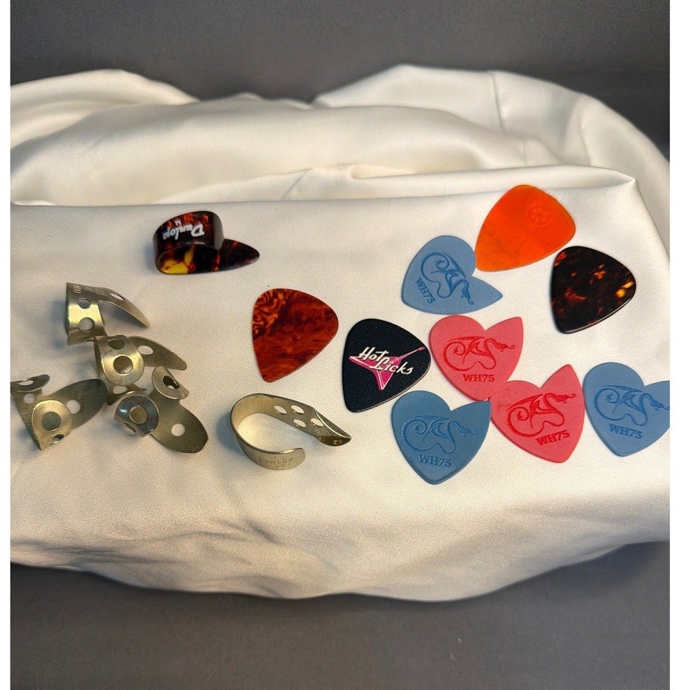 Vintage Dunlop Metal Finger Picks Thumb Pick WH75 Heart Dragon Hot Licks Lot